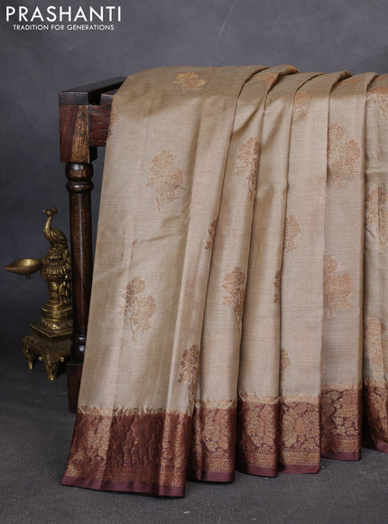 Banarasi tussar silk saree beige and brown with thread & zari woven buttas and woven border