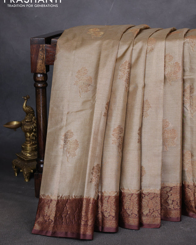 Banarasi tussar silk saree beige and brown with thread & zari woven buttas and woven border