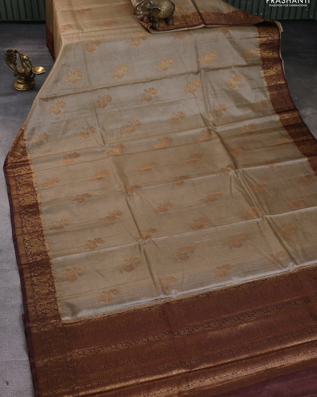 Banarasi tussar silk saree beige and brown with thread & zari woven buttas and woven border