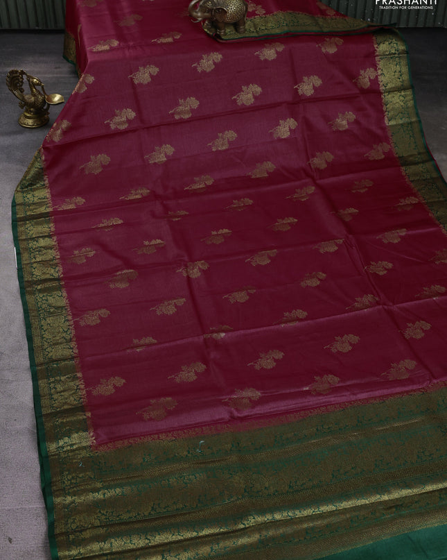 Banarasi tussar silk saree red and green with thread & zari woven buttas and woven border