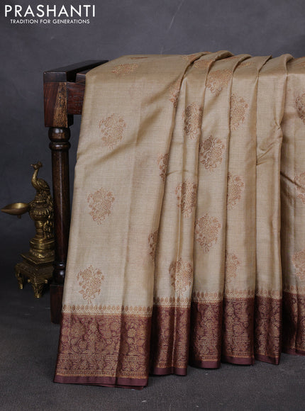 Banarasi tussar silk saree beige and brown with thread & zari woven buttas and woven border