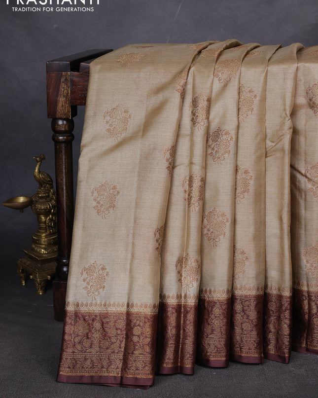 Banarasi tussar silk saree beige and brown with thread & zari woven buttas and woven border