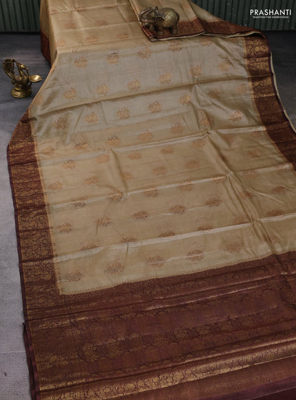 Banarasi tussar silk saree beige and brown with thread & zari woven buttas and woven border