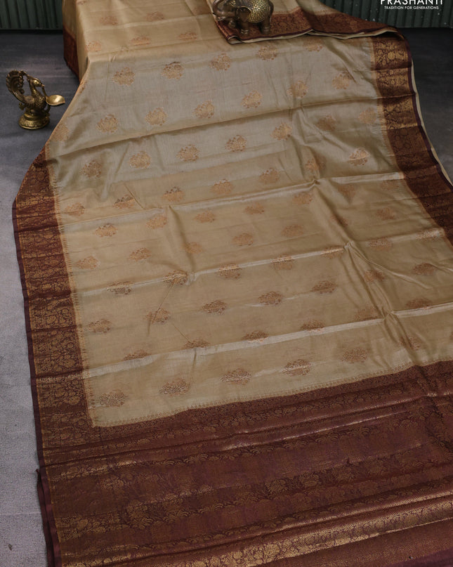 Banarasi tussar silk saree beige and brown with thread & zari woven buttas and woven border