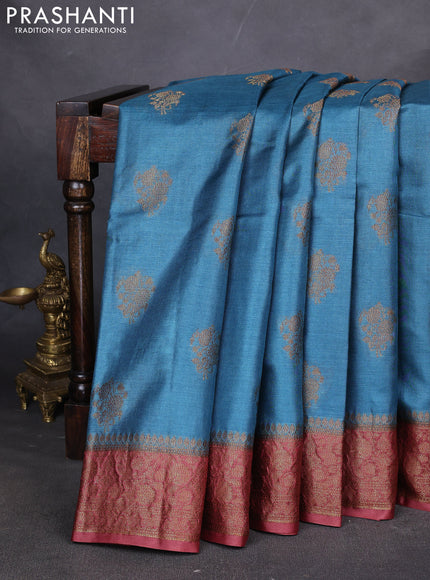Banarasi tussar silk saree cs blue and rust shade with thread & zari woven buttas and woven border
