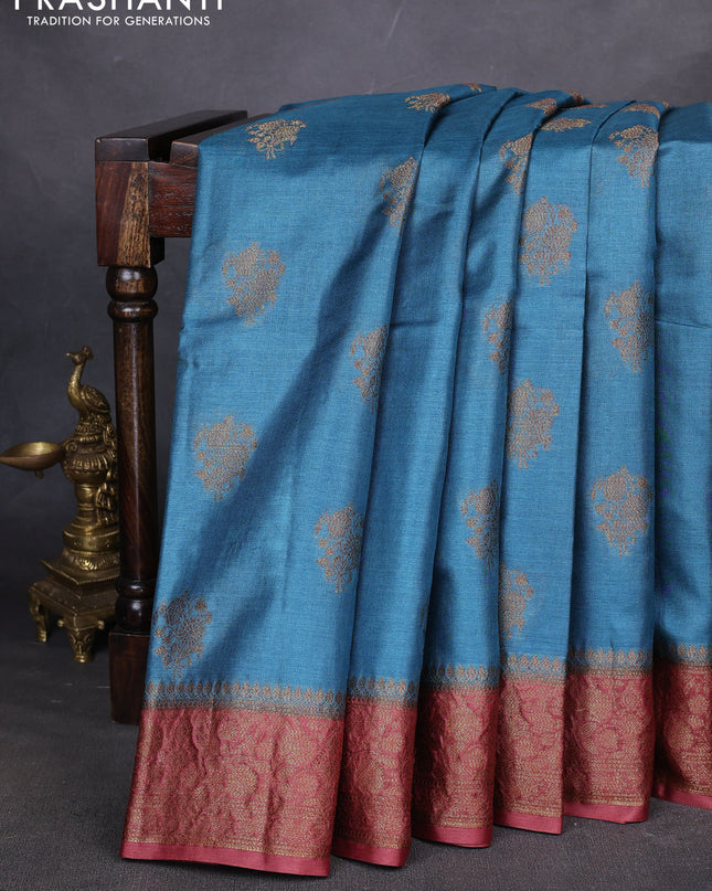 Banarasi tussar silk saree cs blue and rust shade with thread & zari woven buttas and woven border