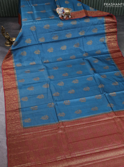 Banarasi tussar silk saree cs blue and rust shade with thread & zari woven buttas and woven border
