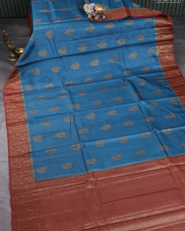 Banarasi tussar silk saree cs blue and rust shade with thread & zari woven buttas and woven border