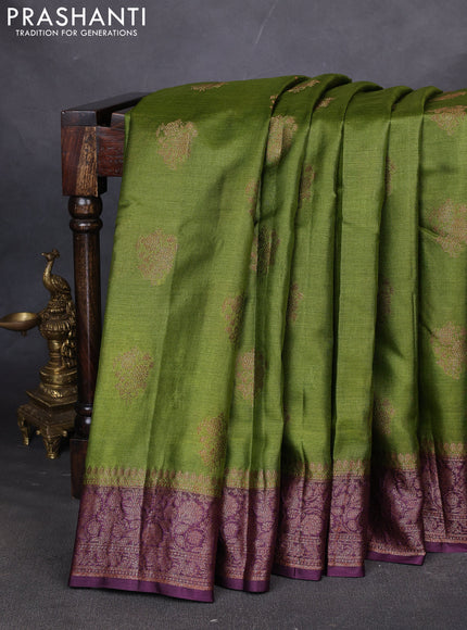 Banarasi tussar silk saree mehendi green and wine shade with thread & zari woven buttas and woven border