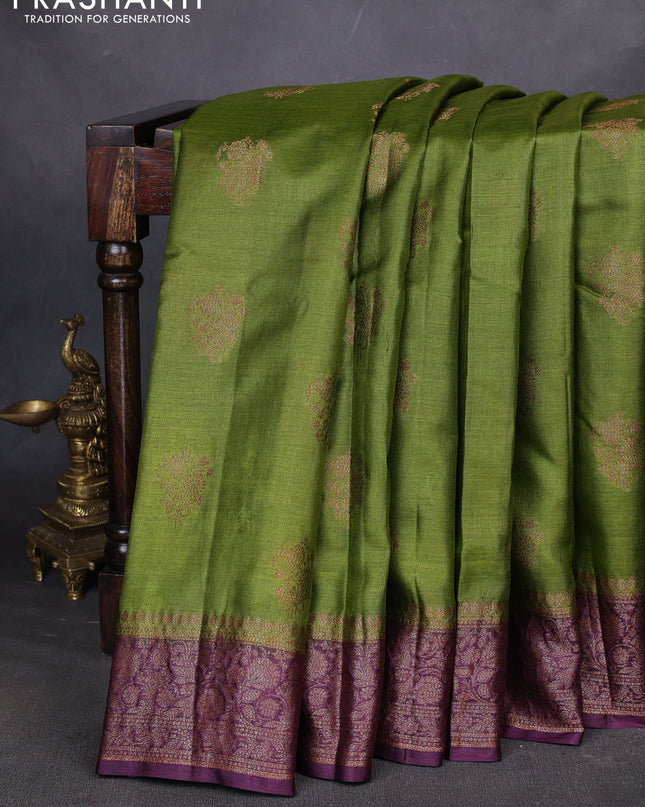 Banarasi tussar silk saree mehendi green and wine shade with thread & zari woven buttas and woven border