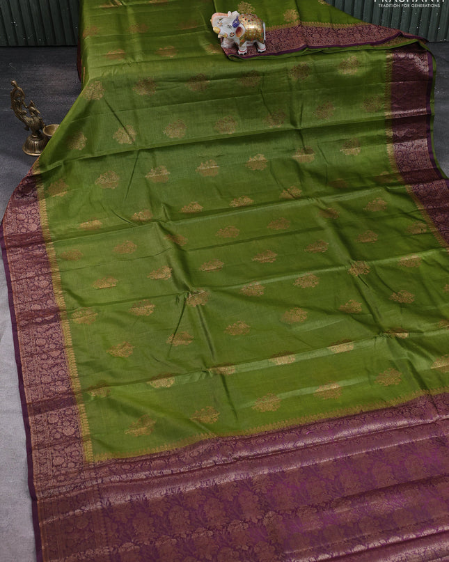 Banarasi tussar silk saree mehendi green and wine shade with thread & zari woven buttas and woven border
