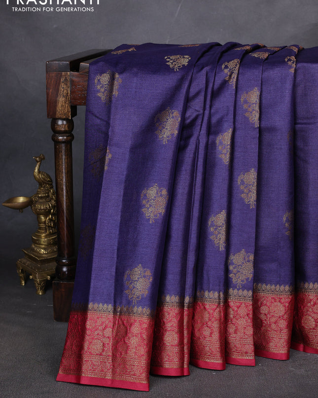 Banarasi tussar silk saree violet and maroon with thread & zari woven buttas and woven border