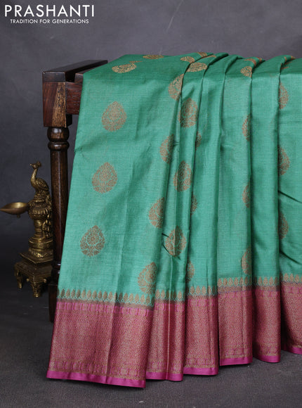 Banarasi tussar silk saree teal green and magenta pink with thread & zari woven buttas and woven border