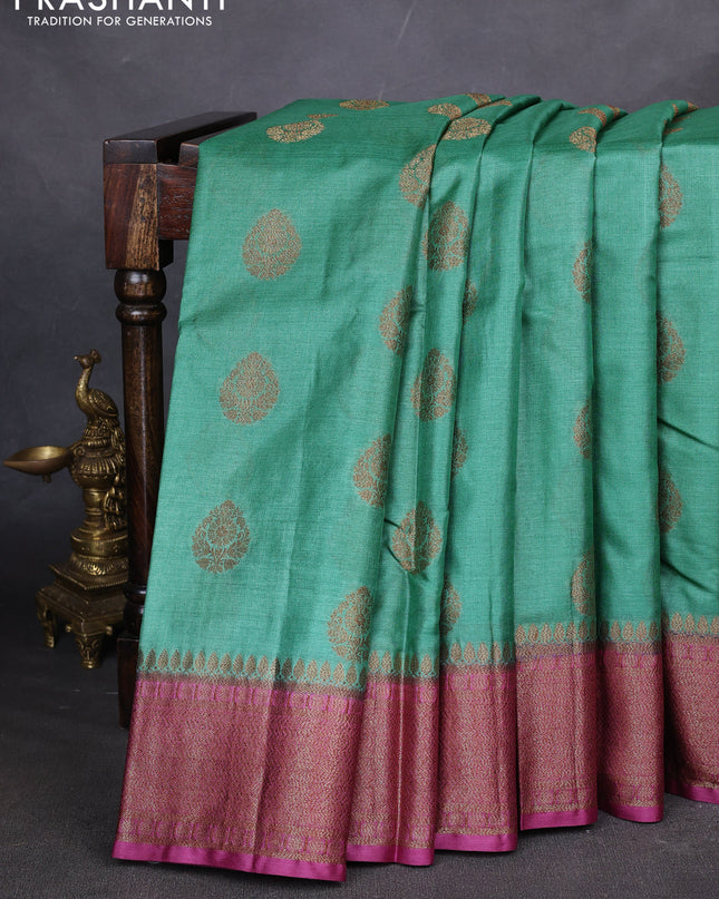 Banarasi tussar silk saree teal green and magenta pink with thread & zari woven buttas and woven border