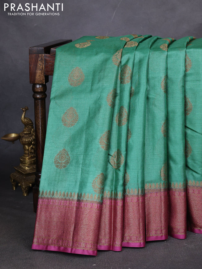 Banarasi tussar silk saree teal green and magenta pink with thread & zari woven buttas and woven border