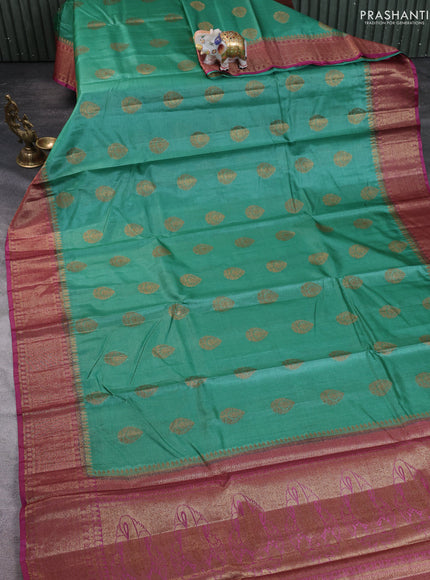 Banarasi tussar silk saree teal green and magenta pink with thread & zari woven buttas and woven border