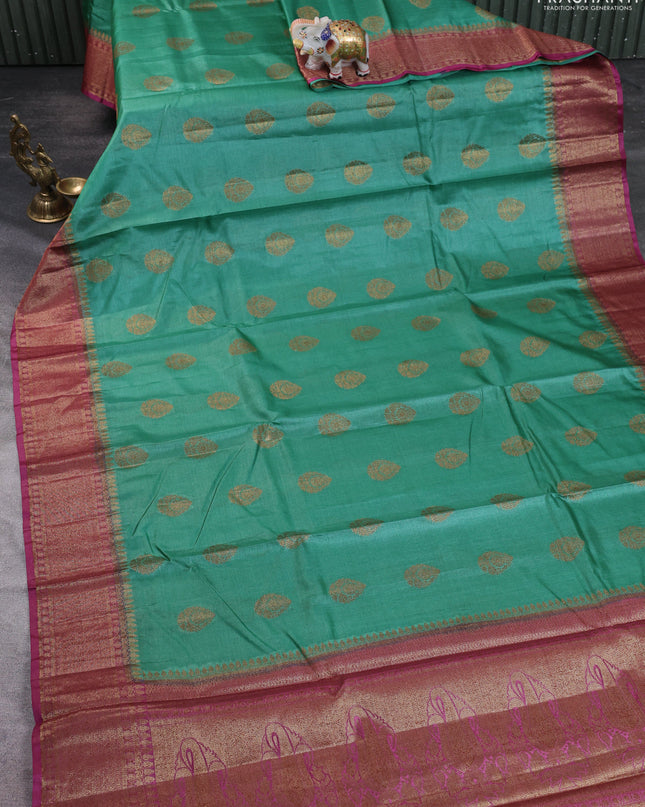 Banarasi tussar silk saree teal green and magenta pink with thread & zari woven buttas and woven border