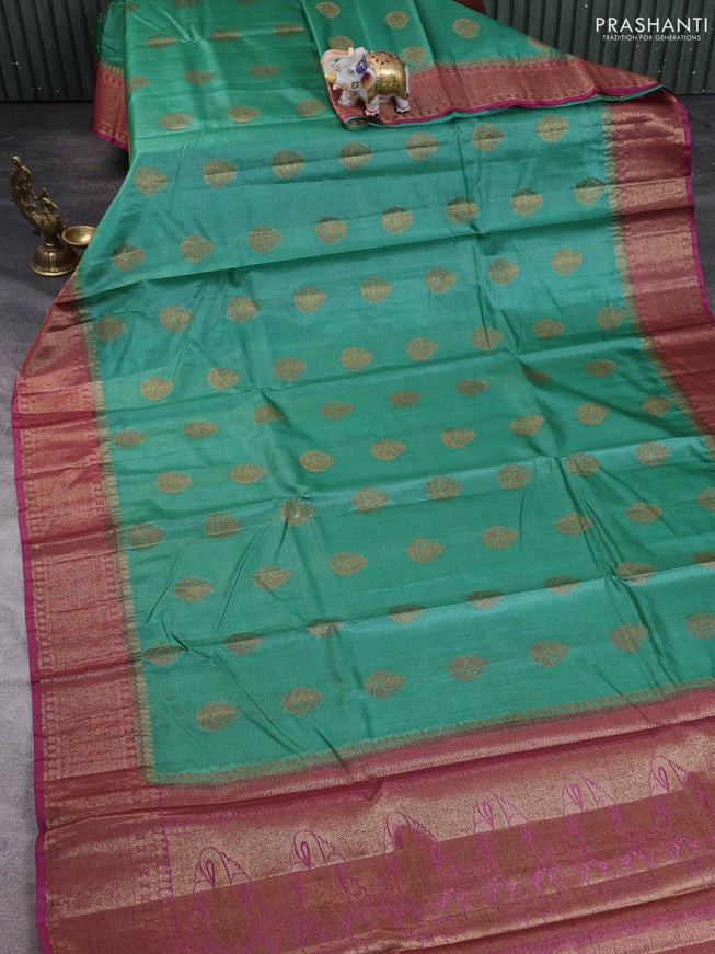 Banarasi tussar silk saree teal green and magenta pink with thread & zari woven buttas and woven border
