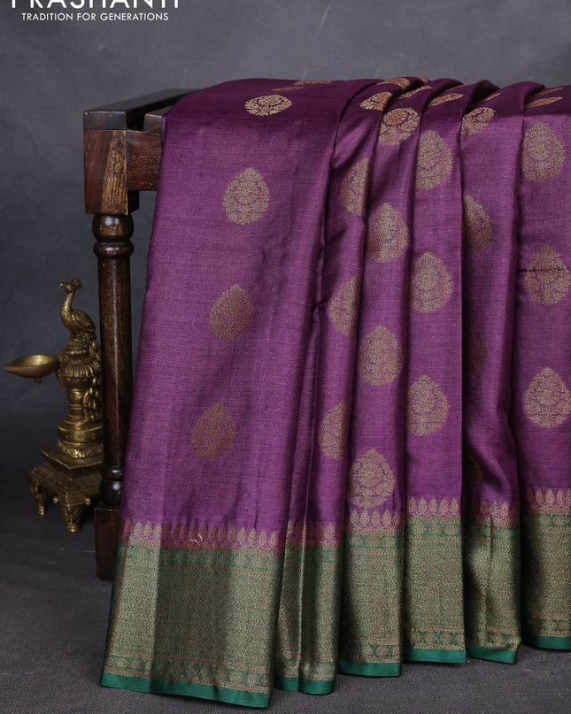 Banarasi tussar silk saree purple and green with thread & zari woven buttas and woven border