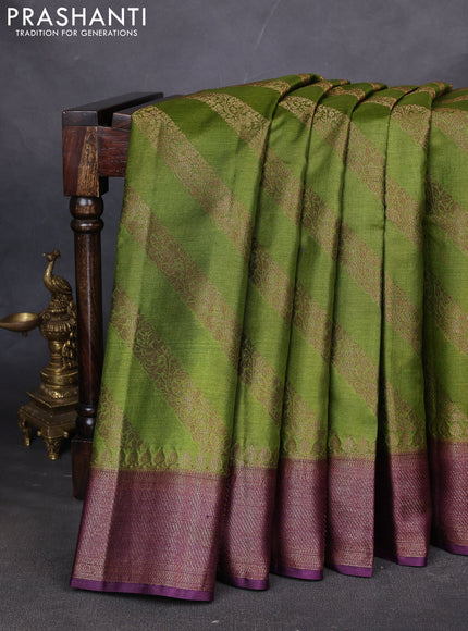 Banarasi tussar silk saree mehendi green and purple with allover thread & zari leheriya weaves and woven border