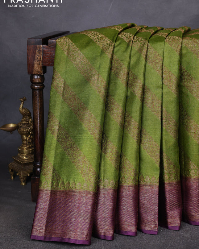 Banarasi tussar silk saree mehendi green and purple with allover thread & zari leheriya weaves and woven border