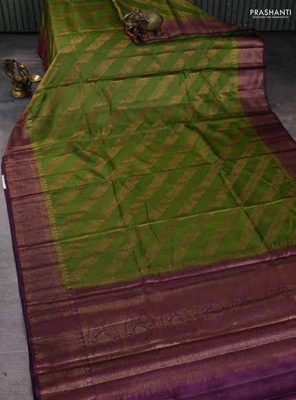 Banarasi tussar silk saree mehendi green and purple with allover thread & zari leheriya weaves and woven border