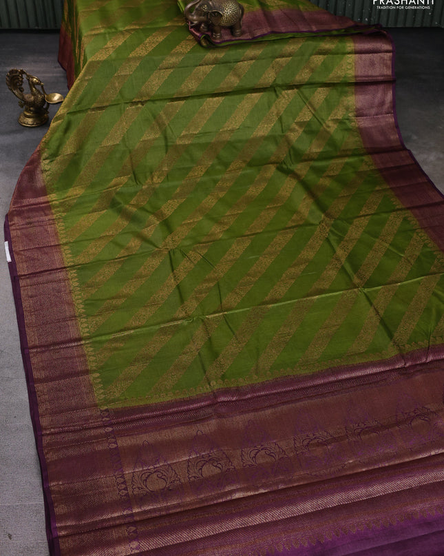 Banarasi tussar silk saree mehendi green and purple with allover thread & zari leheriya weaves and woven border