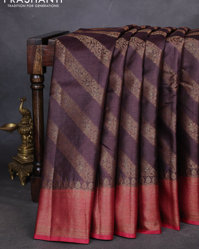 Banarasi tussar silk saree brown and red with allover thread & zari leheriya weaves and woven border