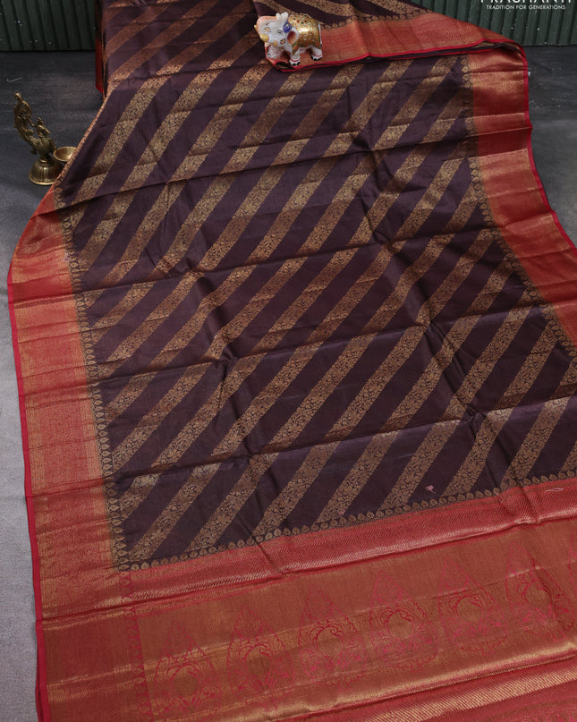Banarasi tussar silk saree brown and red with allover thread & zari leheriya weaves and woven border