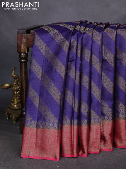 Banarasi tussar silk saree blue and maroon with allover thread & zari leheriya weaves and woven border