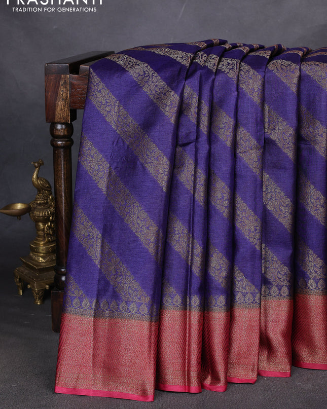Banarasi tussar silk saree blue and maroon with allover thread & zari leheriya weaves and woven border