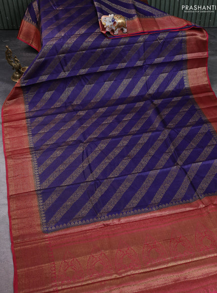 Banarasi tussar silk saree blue and maroon with allover thread & zari leheriya weaves and woven border