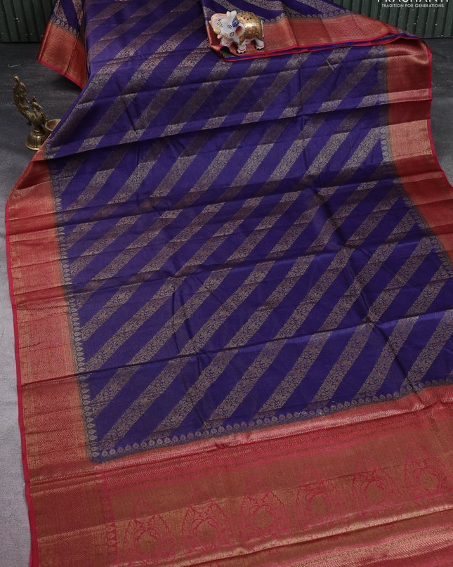Banarasi tussar silk saree blue and maroon with allover thread & zari leheriya weaves and woven border