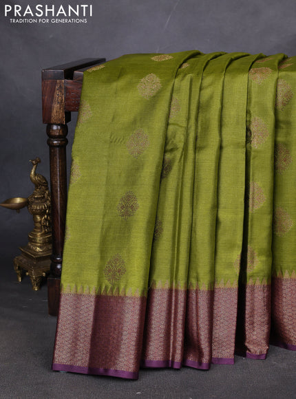 Banarasi tussar silk saree mehendi green and wine shade with thread & zari woven buttas and woven border