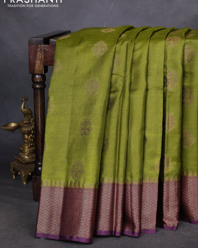 Banarasi tussar silk saree mehendi green and wine shade with thread & zari woven buttas and woven border