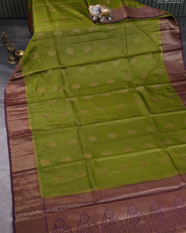 Banarasi tussar silk saree mehendi green and wine shade with thread & zari woven buttas and woven border