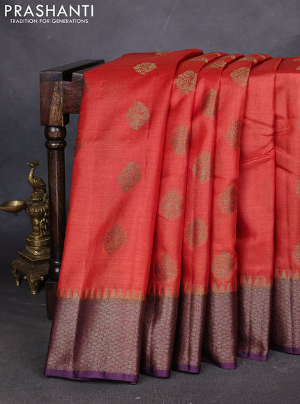 Banarasi tussar silk saree orange and purple with thread & zari woven buttas and woven border