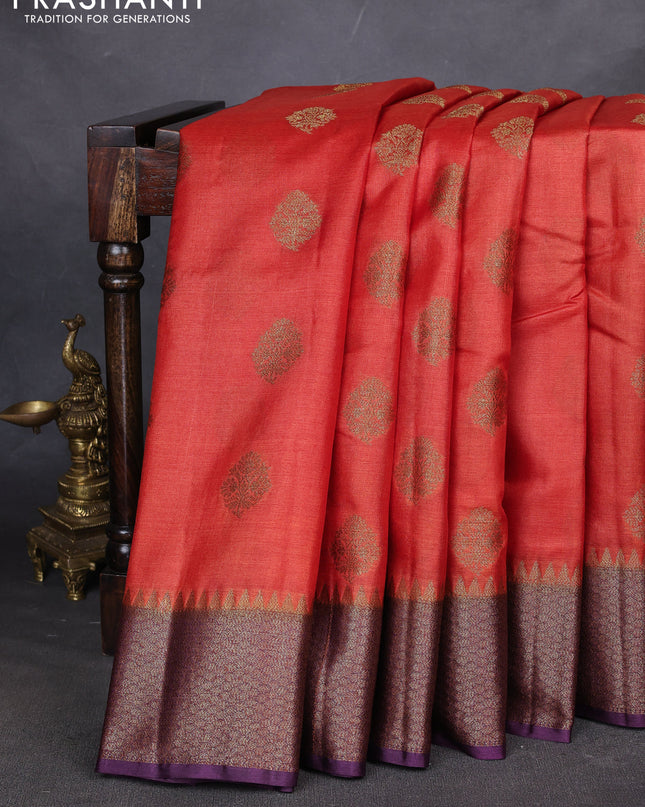 Banarasi tussar silk saree orange and purple with thread & zari woven buttas and woven border