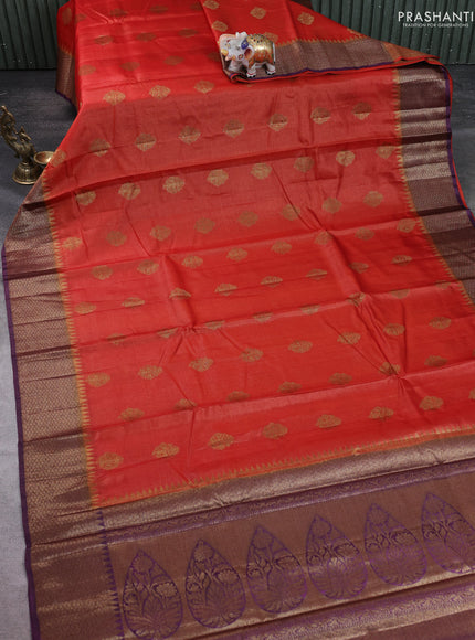 Banarasi tussar silk saree orange and purple with thread & zari woven buttas and woven border