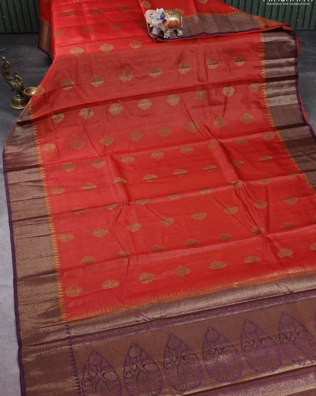 Banarasi tussar silk saree orange and purple with thread & zari woven buttas and woven border