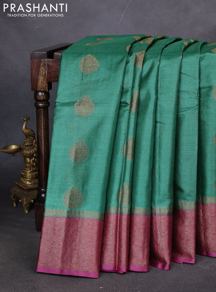 Banarasi tussar silk saree green and magenta pink with thread & zari woven buttas and woven border