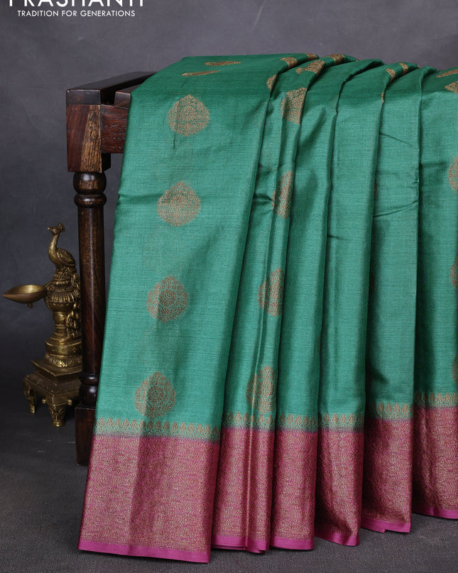 Banarasi tussar silk saree green and magenta pink with thread & zari woven buttas and woven border