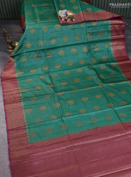 Banarasi tussar silk saree green and magenta pink with thread & zari woven buttas and woven border
