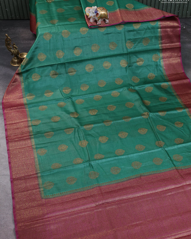 Banarasi tussar silk saree green and magenta pink with thread & zari woven buttas and woven border