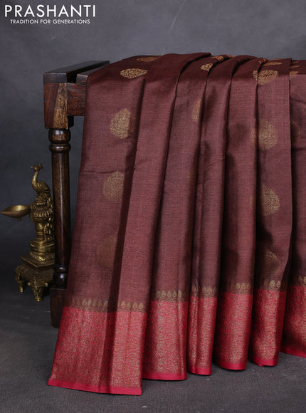 Banarasi tussar silk saree brown and maroon with thread & zari woven buttas and woven border