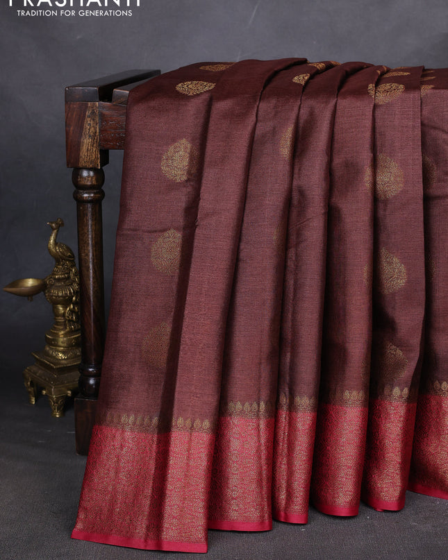 Banarasi tussar silk saree brown and maroon with thread & zari woven buttas and woven border