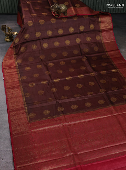 Banarasi tussar silk saree brown and maroon with thread & zari woven buttas and woven border