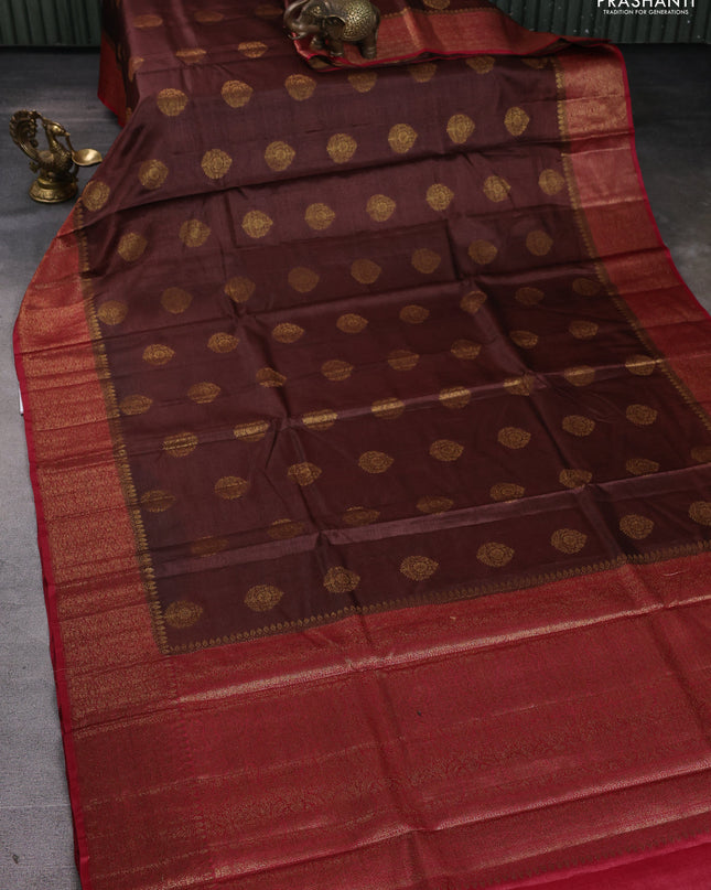 Banarasi tussar silk saree brown and maroon with thread & zari woven buttas and woven border
