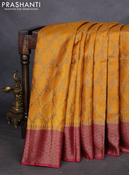 Banarasi tussar silk saree mustard yellow and maroon with allover thread & zari weaves and woven border