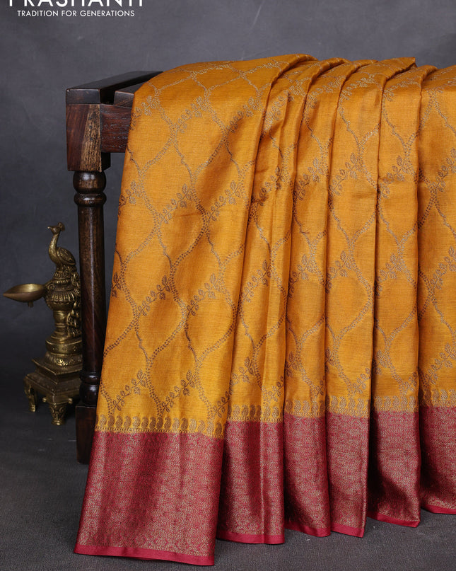 Banarasi tussar silk saree mustard yellow and maroon with allover thread & zari weaves and woven border